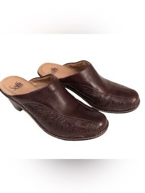 Sofft Hand Tooled Brown Burgundy Leather Heeled Mules Clogs Slides size 7.5